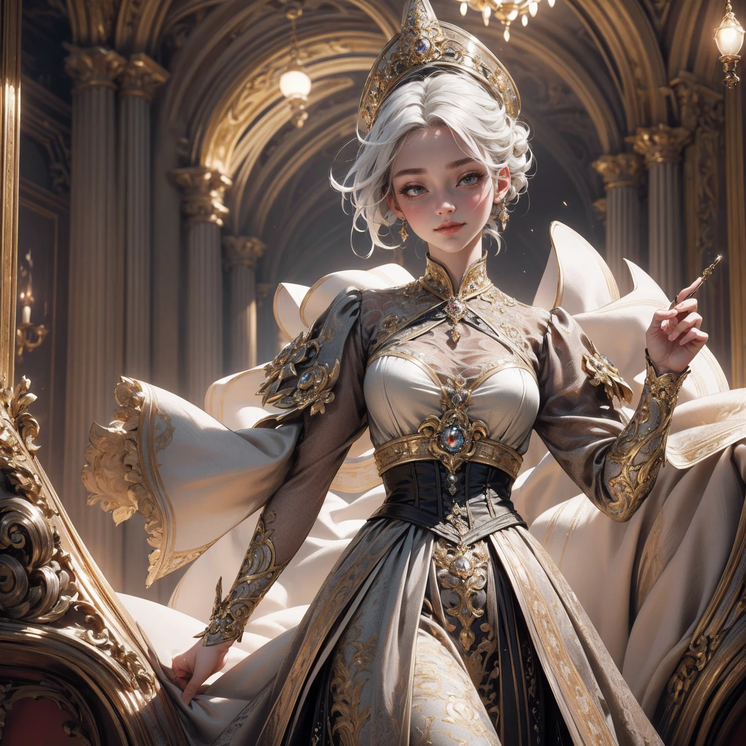 { - ??????? error}(Masterpiece - Ultra-detailed, very high resolution) Prepare to be enchanted by a true masterpiece that combines ultra-detailed art with high-resolution rendering. This work depicts a mesmerizing woman with short white hair (1.3) and captivating gray eyes (1.2), emanating an aura of elegance and mystery in Victorian settings. The intricate details and realistic textures invite you to explore every aspect of this enchanting composition. Woman wearing beautiful classic Victorian costume from the year 1878. Red lips. Happy face. Smiling. light brown (gold) dress. Walking, writing, lying down, standing, on your back, dynamic poses., upper body. dynamic poses. Get ready to dive into a world where beauty and craftsmanship merge perfectly.