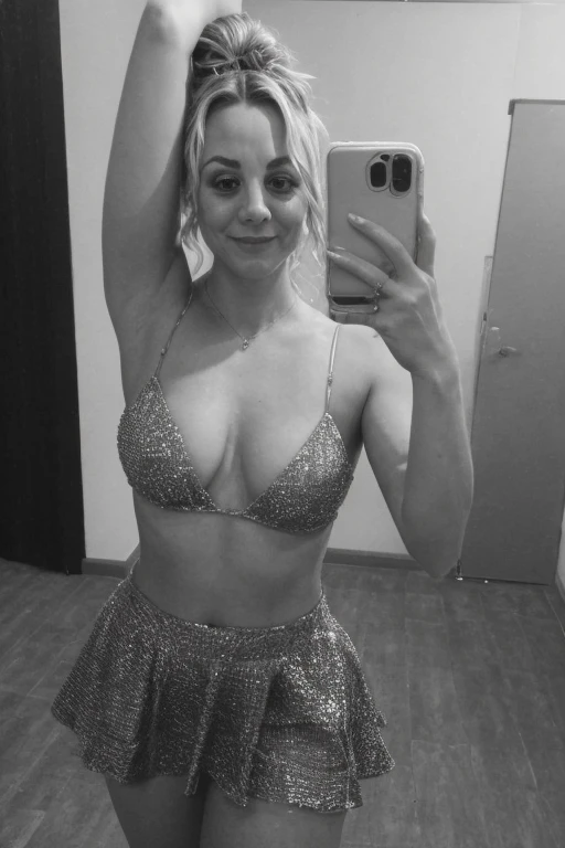 a selfie of Kaley Cuoco, taken with iphone camera , arm raised, party dresbeauty, beautiful girl, black and white photography, hard contrast, hard shadows, skirt, smirk, beautiful makeup, dance club, dance floor