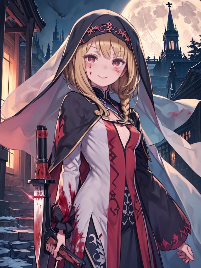 masterpiece、highest quality、High resolution、Very detailed、Girl、Small breasts、Nunonastic Clothes、Boneyard、blonde、Red Eyes、Veil、Wicked Smile、laughing、outside、church、night、moon、((Holding a knife with blood on it、Holding a GUN、bloody face、Bloodstained clothing))、Cross Necklace、