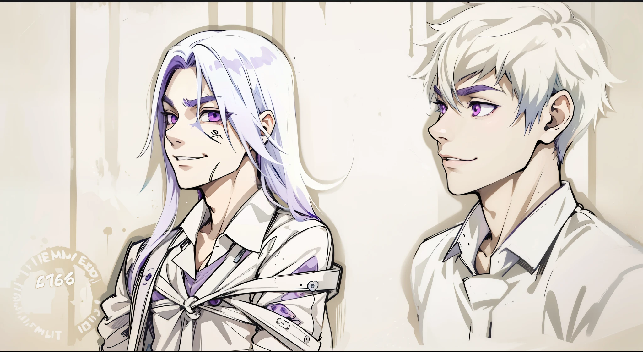 (estilo anime 2d plano)cute 16 year old boy speaks evil with hate with a mischievous smile malevolent irony purple hair purple eyes aura of evil he is dangerous murderer