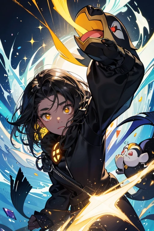 Puffin is a black creature with the shape of an anglerfish and bulging eyes of a super-light shade of yellow. SPARKLE; GLITTER