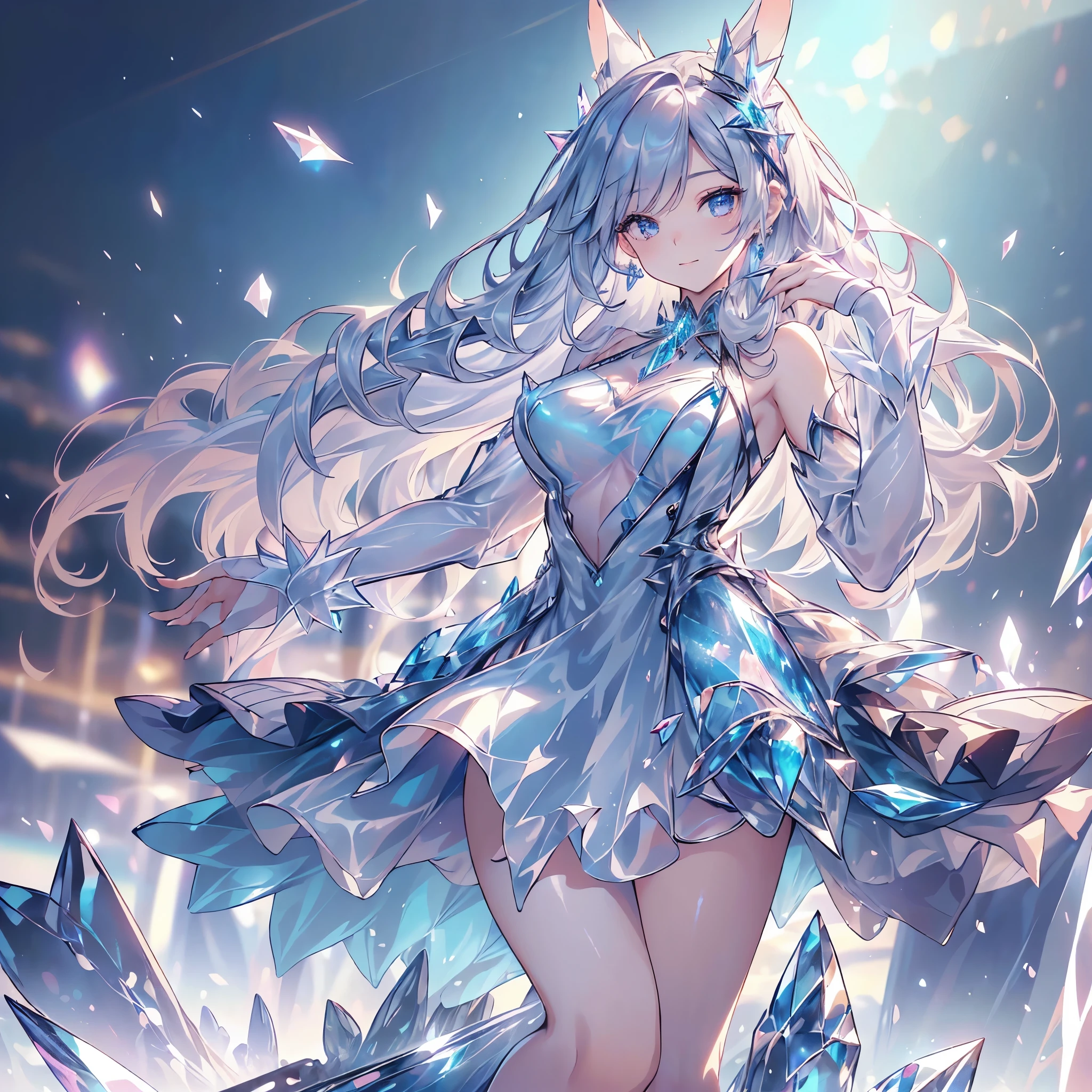 ((2D beautiful girl:1.5、top-quality:1.5、Perfect fingers:1.1、perfect anatomia:1.1、face perfect:1.1、perfect hand:1.1、perfect foot:1.1、Dress perfectly、Beautiful illustration))、 beautiful girl、(transform sequence)、((a bunny ))、12year old、Solio、Fractal Art、baby-face、((stright long hair))、Beautiful big drooping eyes、Slender and beautiful legs、(The best smile with one eye closed)、(fullllbody)、((1 personlue sky and outdoor stage、Magic Show, crystal dress, shift dresses, silver dress