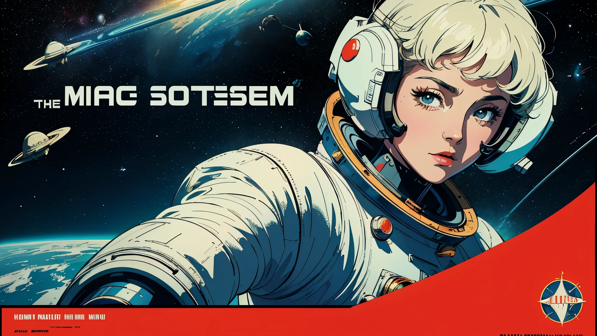 (masterpiece, highest quality), 8k wallpaper, very detailed, poster, vintage science fiction, 1960s,(((space thriller cinematic movie poster))), (bauhaus), shape,abstract, mid century modern, movie poster, vintage, Perfect Lady,anime,1970's,halftone,speech bubble