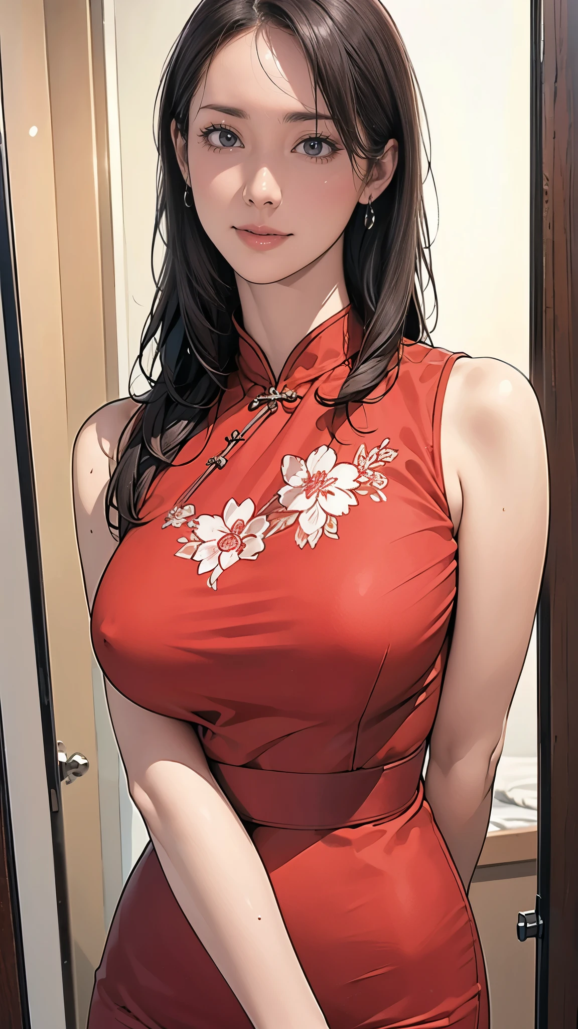 (masterpiece:1.2, highest quality), (Realistic, photoRealistic:1.4), Beautiful illustrations, (Natural Side Lighting, Cinema Lighting), Written boundary depth, Beautiful thighs staring at the viewer, (Face Focus, Upper Body), 1 female,20-year-old,alone,(With background:Hotel Rooms) , Long Hair, Curly Hair, Forehead, Very big , Sleeveless red floral cheongsam, Earrings, Are standing, ((Close-up)) , ((Close-up))