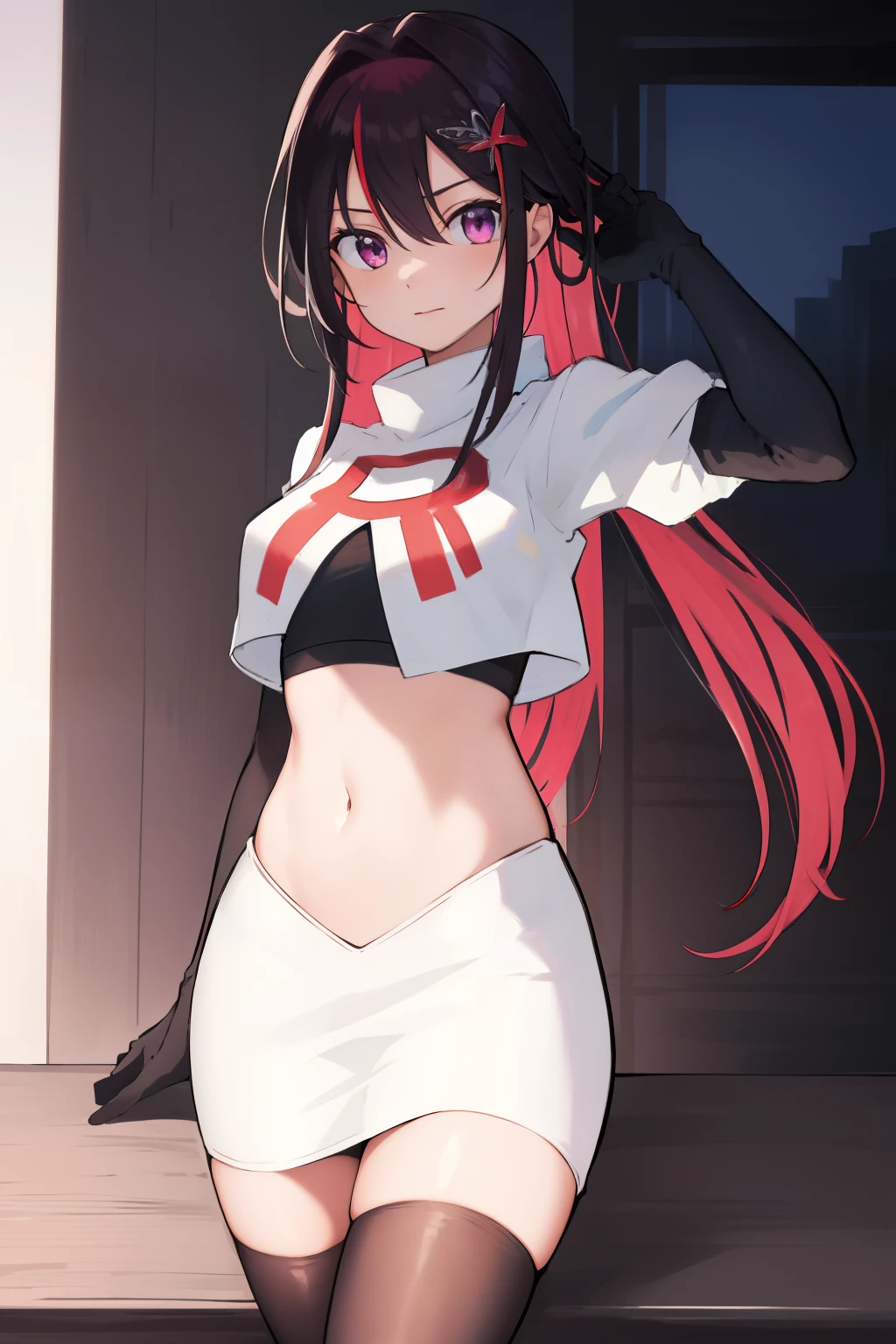 masterpiece, best quality, highres, 1girl, solo, multicolored hair, pink hair, purple eyes, black hair, colored inner hair, hair between eyes, two-tone hair, jewelry, x hair ornament, bangs, very long hair, streaked hair, hairclip, cowboy shot, team rocket,team rocket uniform,white skirt,red letter R,crop top,black thigh-highs,black elbow gloves