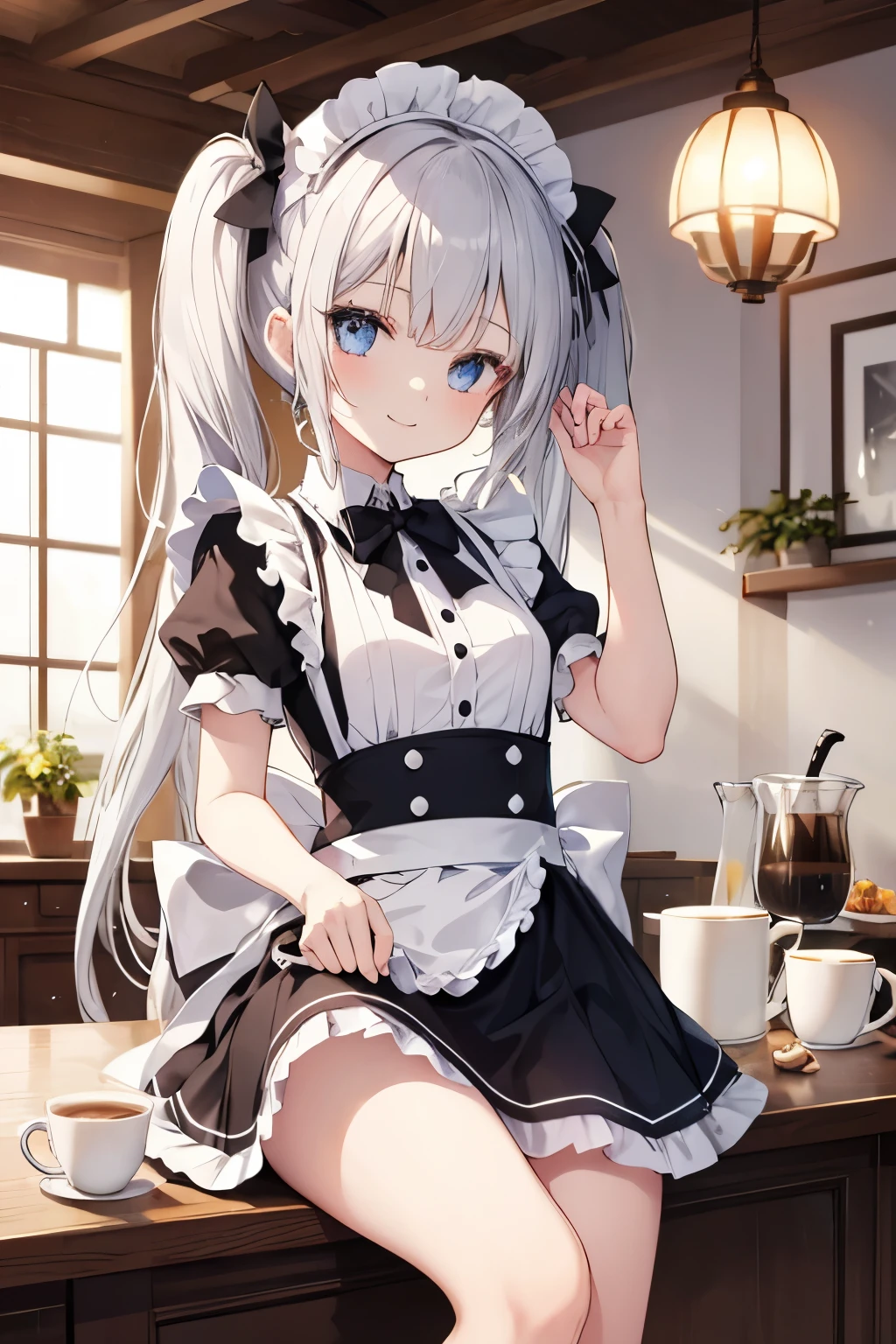 Silver Hair、Blue Eyes、girl、Small breasts、Twin tails、girl、Small breasts、ta、Bright smile、Looks about 15 yan Musume、He is short、Eye highlights、Sexy thighs、Wearing maid uniform、Have a coffee