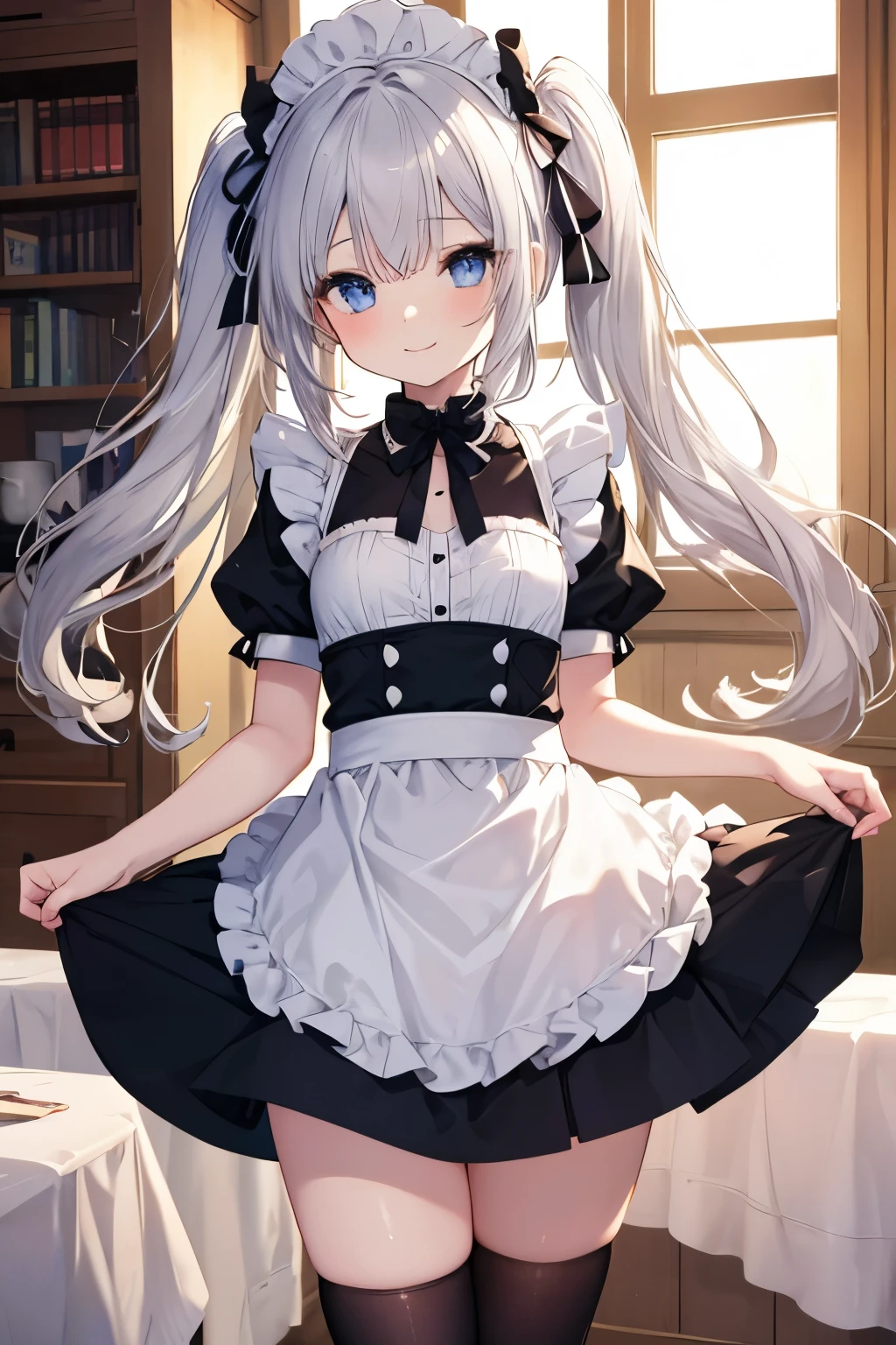 Silver Hair、Blue Eyes、girl、Small breasts、Twin tails、girl、Small breasts、ta、Bright smile、Looks about 15 yan Musume、He is short、Eye highlights、Sexy thighs、Wearing maid uniform、Have a coffee