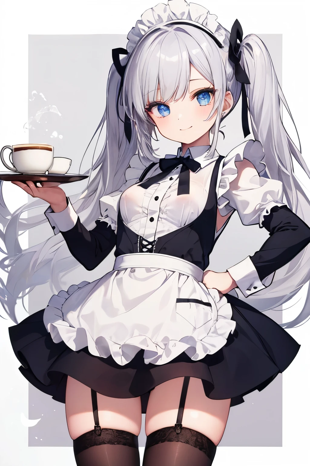 Silver Hair、Blue Eyes、girl、Small breasts、Twin tails、girl、Small breasts、ta、Bright smile、Looks about 15 yan Musume、He is short、Eye highlights、Sexy thighs、Wearing maid uniform、Have a coffee
