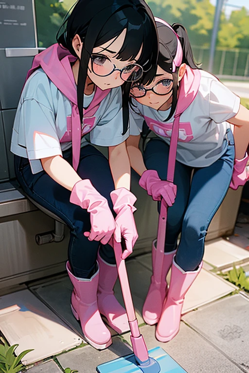 Two elementary school girls with glasses and black hair in jeans skirts and sweatshirts cleaning the toilets in a park wearing large pink rubber gloves and white rubber boots
