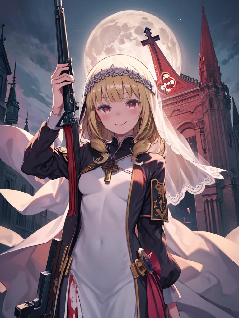 masterpiece、highest quality、High resolution、Very detailed、Girl、Small breasts、Nunonastic Clothes、Boneyard、blonde、Red Eyes、Veil、Wicked Smile、laughing、outside、church、night、moon、((Holding a GUN、bloody face、Bloodstained clothing))、Cross Necklace、