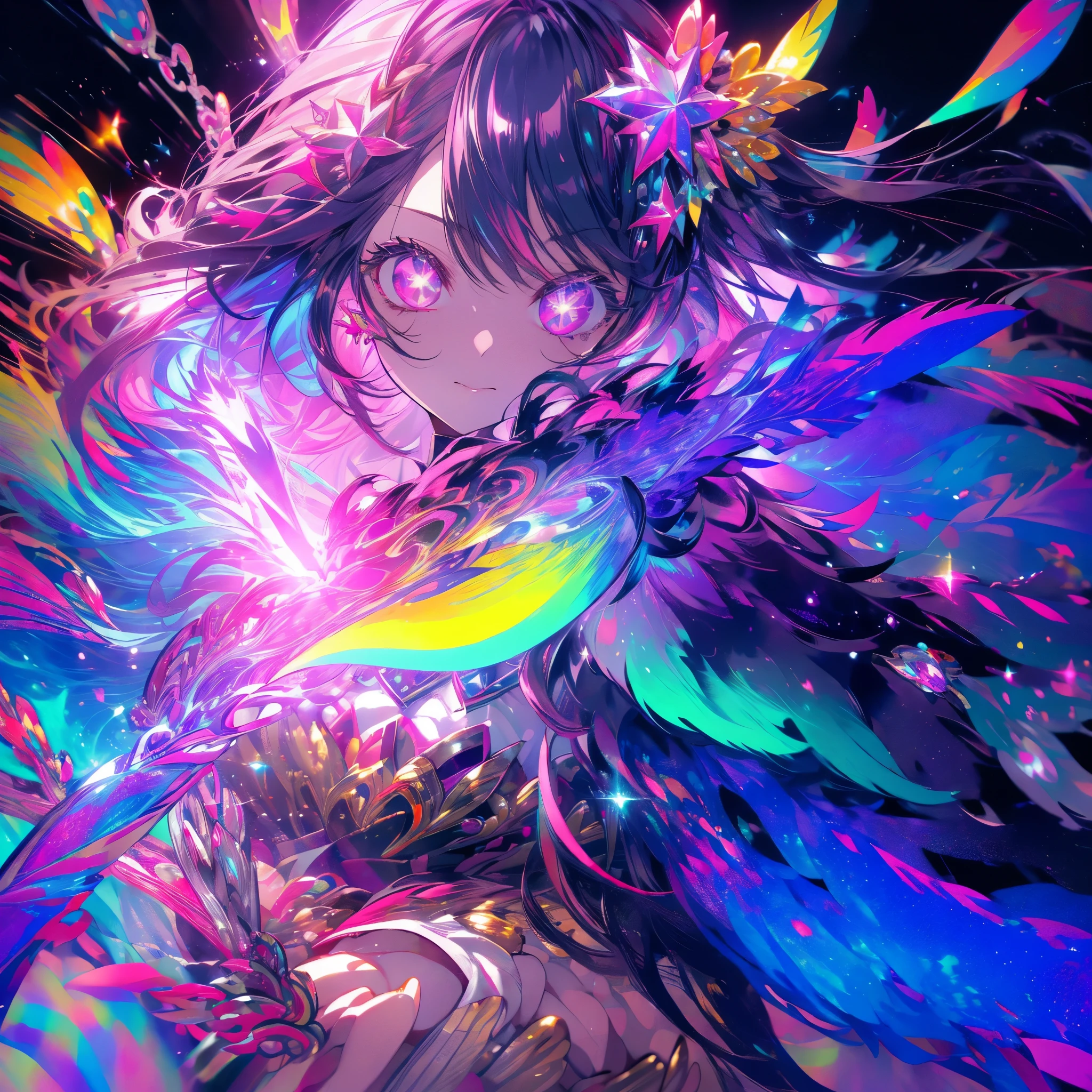 ((Fantasy　Long Hair　Pink Eyes　Rainbow Hair　Idol　Shining Edge))　((pendant　Shiny earrings　Flowing hair))　(Bathed in light)
