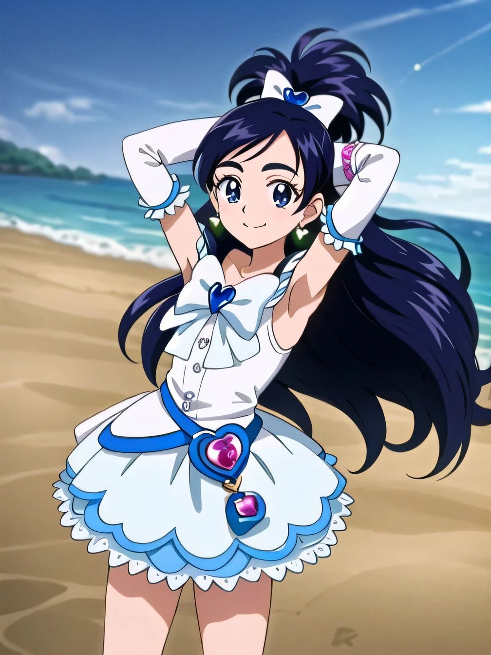 (masterpiece), best quality, (cel anime), highest quality, ((high detail:1.2)), (HDR), (cinematic light:1.1), highres,, highres, 1girl, solo, (curewhite:1.5),( girl:1.5), high quality, solo, night sky, beach, arms behind head, contrapposto, closed mouth, spread armpits, (cowboy shot:1.5), looking at viewer, smile, half updo, jewelry, earrings, dress, white dress, heart, brooch, magical girl, heart brooch, frills, ribbon, bow, black hair,arm warmers, blue hair, heart earrings, black eyes, gloves, hair ornament, smile,