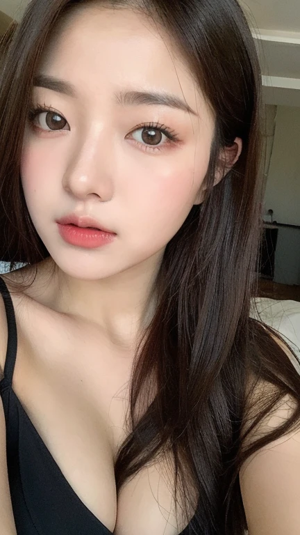 (real, High resolution:1.3), One girl with a perfect body, Very beautiful face and eyes,Long Hair, Random color no big breasts,Exposing cleavage,