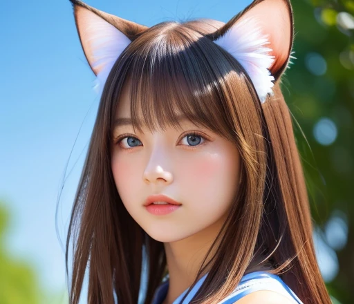 8k、highest quality、Like a real photo、masterpiece、Product quality, One girl,, Young and beautiful woman in Japan, Long Bob Hair, Attractive appearance,, High resolution, High detail, Detailed hairstyle, Detailed face, Spectacular movie lighting, Octane Rendering, Vibrant, Ultra-realistic, Perfect limbs, Perfect 、17 years old、Cat ears on the head、Her hair is light brown.、Cool clothes、The background is a park with blue sky、A human being who is a combination of a cat and a girl、Natural color lip、Attractive eyes、The color of the cat's ears is dark brown.、Eye color is blue、The ears are hidden by the hair、Double teeth、Yawning