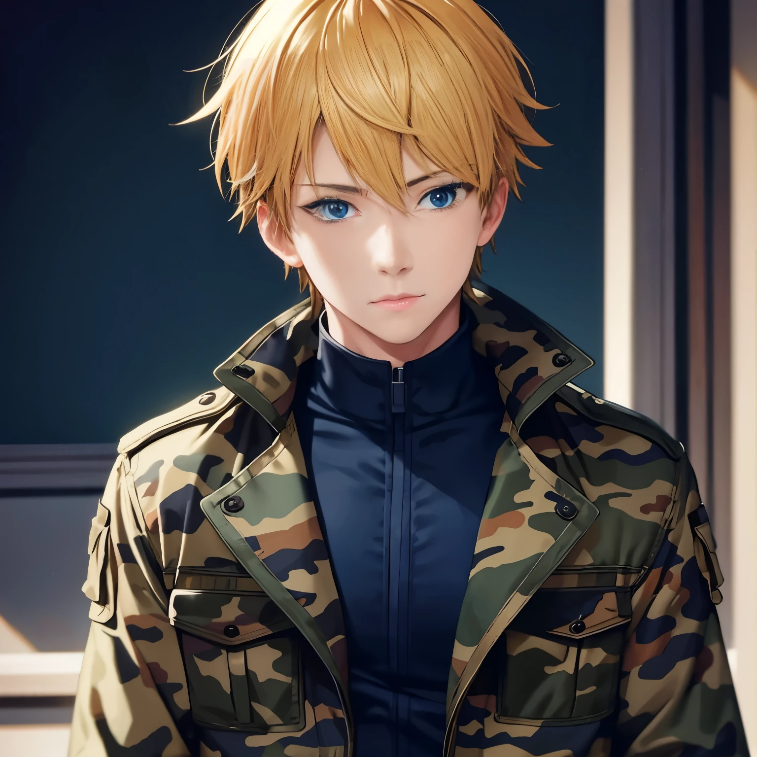 masterpiece, best quality, , 1boy, solo, male focus, looking at viewer, upper body, depth of field, anime coloring, realistic, Yellow hair, aqua Blue eyes, camo Millitary Coat.
