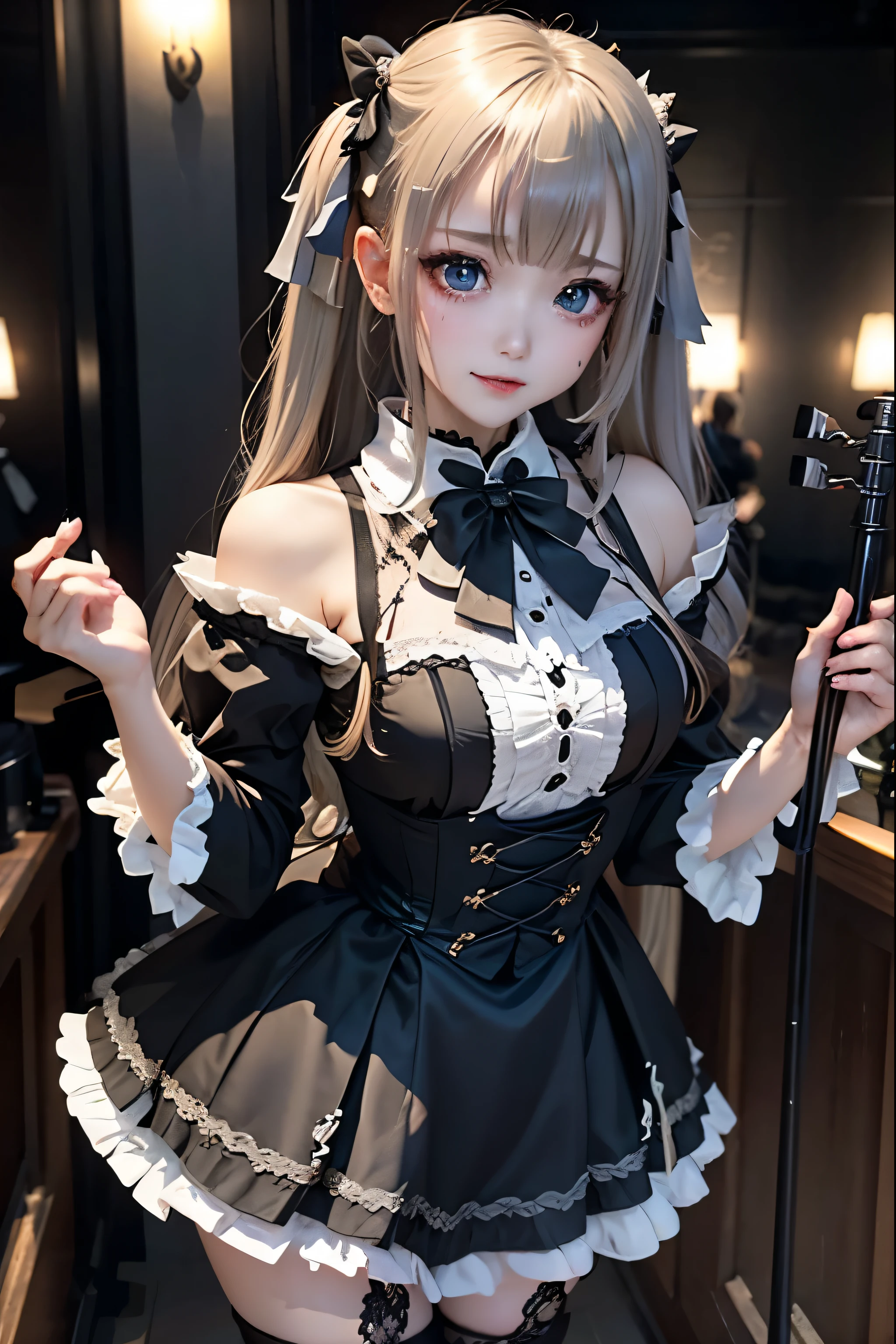 Hard Dark Gothic Makeup、Deep Night Sky、Horror、Black dark eyeshadow、cry、sad、Good skin radiance、Dark Gothicメイク、Dark smile、palace、The beauty of fragrance、24-years-old、Expressions of intense sexual pleasure、Embarrassed look、Dark Gothic、Obscene language、highest quality、Drunk face、紫のMaid clotheysterious、Noble、sexy、Loving smile、Twin tail hair、Right blue eye, Left eye is red、Platform Heel Shoes、Heavy makeup、Gothic Lolita Clothing、A little slimmer、Silver Hair、Long Hair Straight Hair、Cute Gothic Lolita Dress、Beautiful Face、elegant features、Fascinating face、Stained glass is the background、Chest glistening with sweat、The room is dark、gothic long dress、Bell Sleeves、Wizard Sleeve、Decadent look、Sexually excited expression、Glossy thighs wet with water、Thighs that are wet and shiny with oil、Background of a room full of roses、sad expression、The embroidery is pink、The dress has pink embroidery、Thigh-high socks、Knee-high socks、Gentle expression、Dark black eyeshadow、Stained glass and rose background、Female Duo、Female couple、dark church background、Stained glass、Black metal world、Dark Castle、Dark Room、Slender body、upright、walk、Are standing、gothic long dresaid clothes、Victorian dresses、Her thighs glisten with sweat、My body is wet and shiny、Lots of glitter on the thighs、sweating、My thighs are sticky from sweating、Sweat glistens on the thighs, The whole body is sweaty and shiny、Quite sweaty、My thighs are sweaty、My thighs are so wet、My thighs are shining with sweat、A lot of sweat glistens all over the body、The thighs are the best、Small breasts、Playing guitar、Singing while playing the guitar、les paul guitar、Holding a guitar、Playing in a band、Playing guitar chords、Practicing guitar、Grab the microphone stand、Sing a song、Embodying the guitar、Decorate your guitar、An enthusiastic live music venue、Splendid stage、