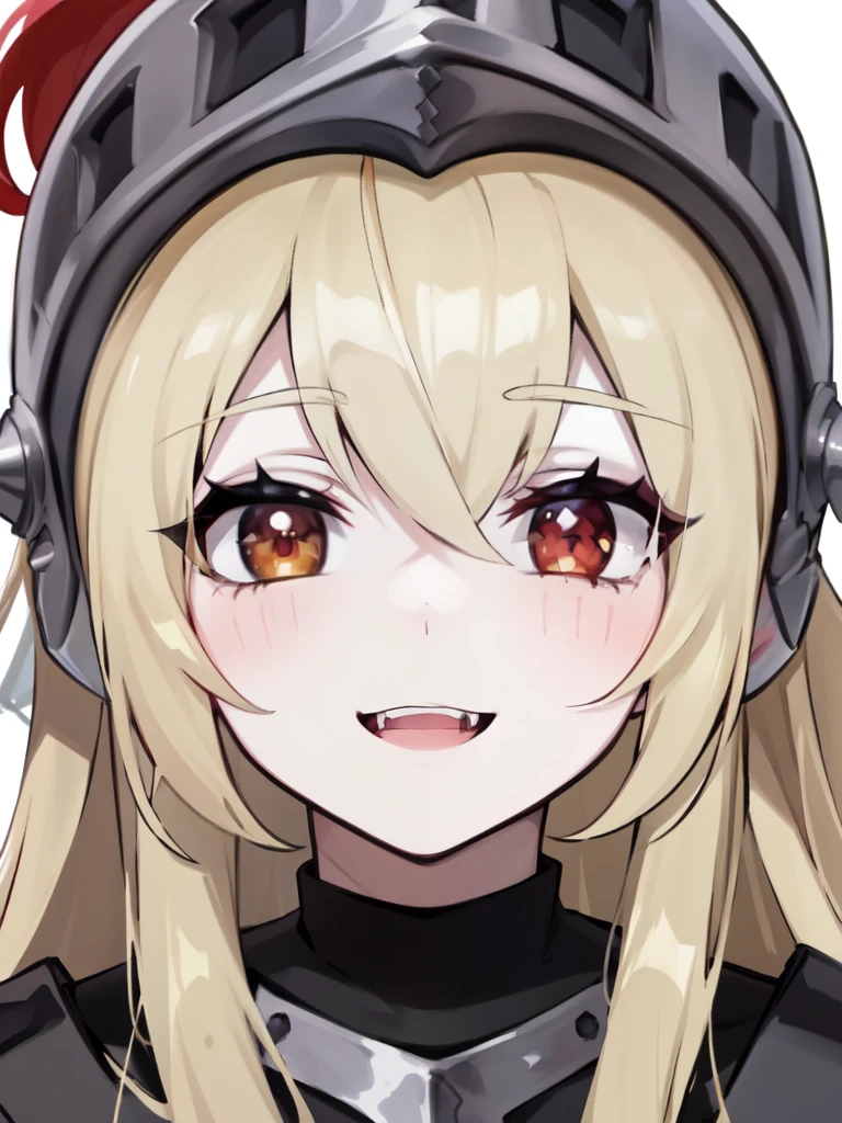 lineart, 1girl, female_knight_(guardian_tales), platinum blonde hair, red eyes, long hair, knight helmet, light smile, black dress, casual clothes, pale skin, vampire, fangs, close-up 