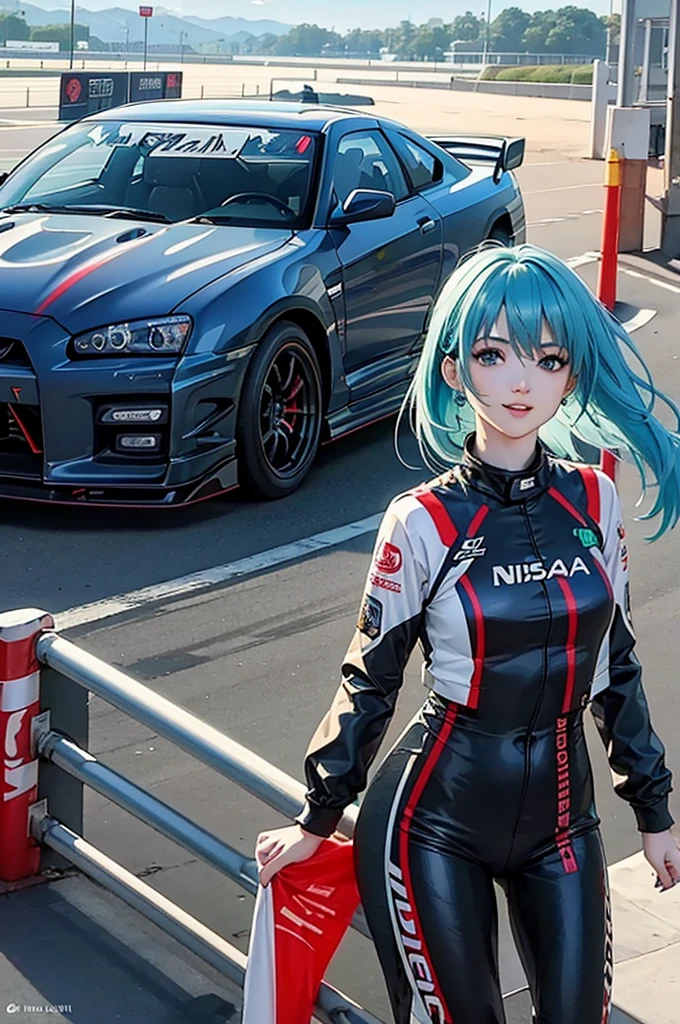 (Racing Car)(((Nissan Skyline GT-R)))、highest quality, masterpiece, Ultra-high resolution, (Realistic:1.2)１woman(((Race Queen)))、(Highest quality)、((Laugh with your teeth showing))、sunlight、Hot summer day、、((circuit))、Hatsune Miku、((Shiny, colorful and flashy leotards))、High leg、Brown skin、smile、Sunburn、 Tattoo、((Light blue hair))、Long twin tails、((Jumping cheerfully))((highest quality)).4k