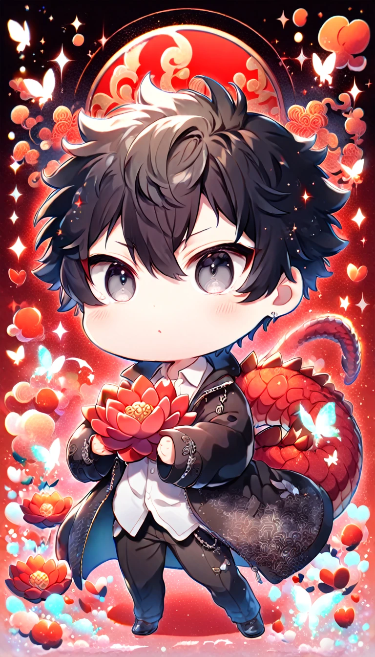 absurdres, highres, ultra detailed, HDR, master piece, best quality, Kougami Shinya chibi, black hair, expressive gray eyes, psycho pass, solo, cute, hugging a red dragon, black jacket, white shirt, patterns, magical, fantasy, red background, red lotus, shining, red petals, red glittering butterflies