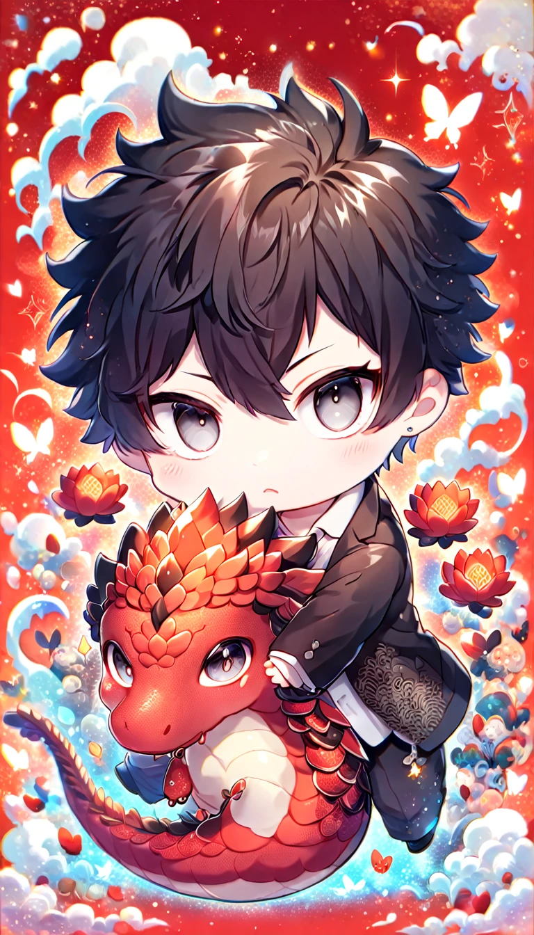absurdres, highres, ultra detailed, HDR, master piece, best quality, Kougami Shinya chibi, black hair, expressive gray eyes, psycho pass, solo, cute, hugging a red dragon, black jacket, white shirt, patterns, magical, fantasy, red background, red lotus, shining, red petals, red glittering butterflies