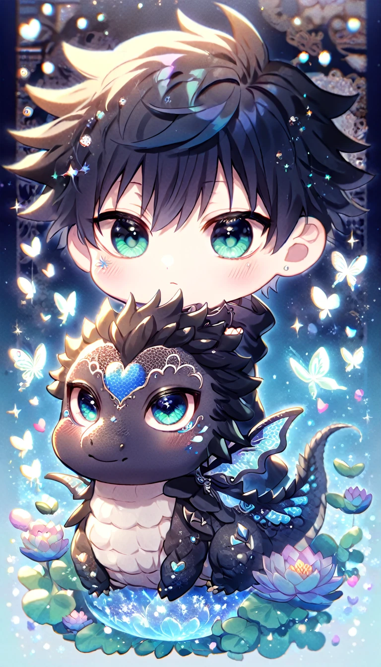 Ultra detailed, Highres, absurdres, HDR, Fushiguro Megumi chibi, black hair, expressive green eyes, black coat with patterns, Jujutsu Kaisen, black clothes, fantasy, glittering blue butterflies, petals, handsome, man, very detailed eyes and face, master piece, glittering, blue lotus, blue background, hugging a black dragon, cute, love, magical,