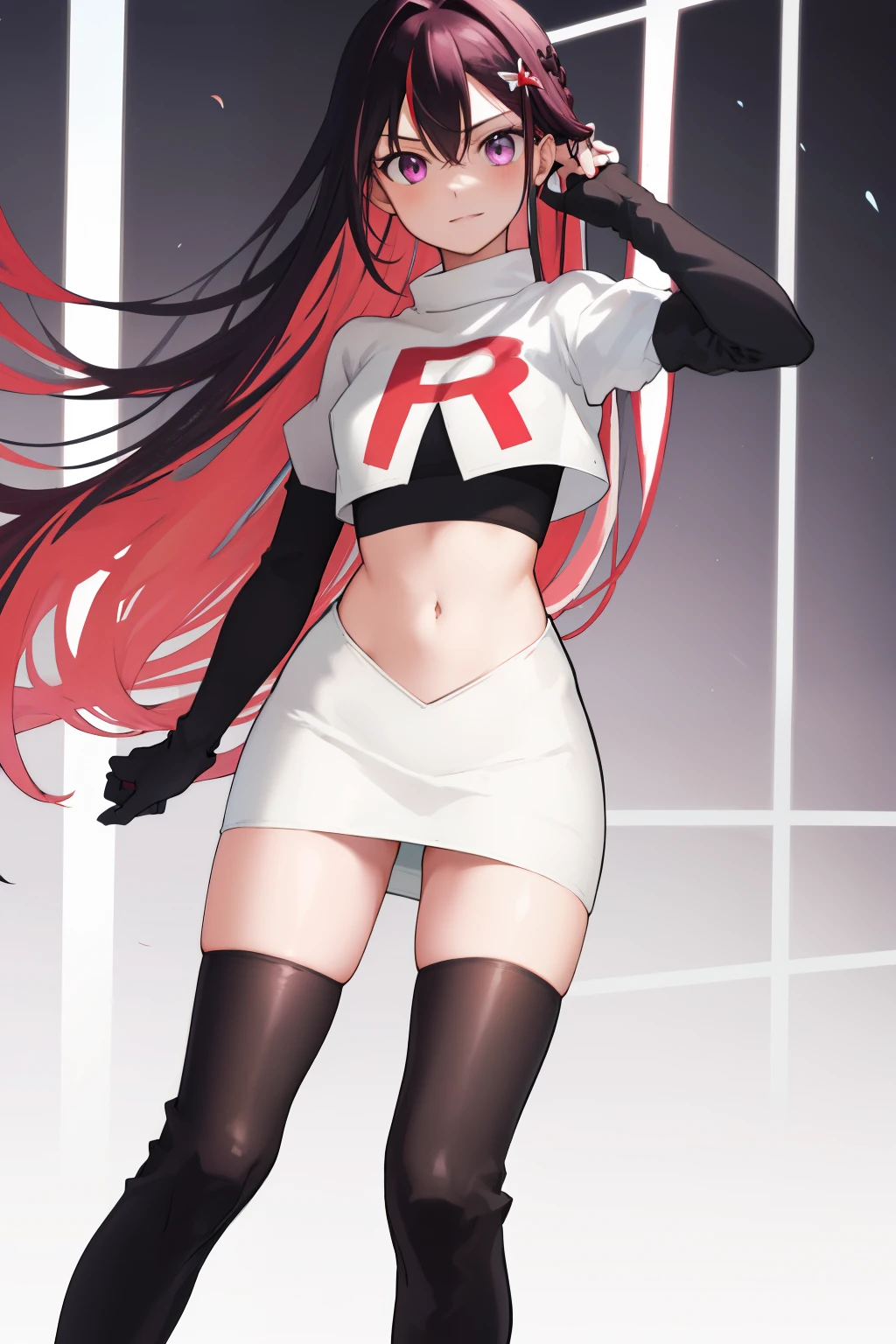 masterpiece, best quality, highres, 1girl, solo, multicolored hair, pink hair, purple eyes, black hair, colored inner hair, hair between eyes, two-tone hair, jewelry, x hair ornament, bangs, very long hair, streaked hair, hairclip, cowboy shot, team rocket,team rocket uniform,white skirt,red letter R,crop top,black thigh-highs,black elbow gloves