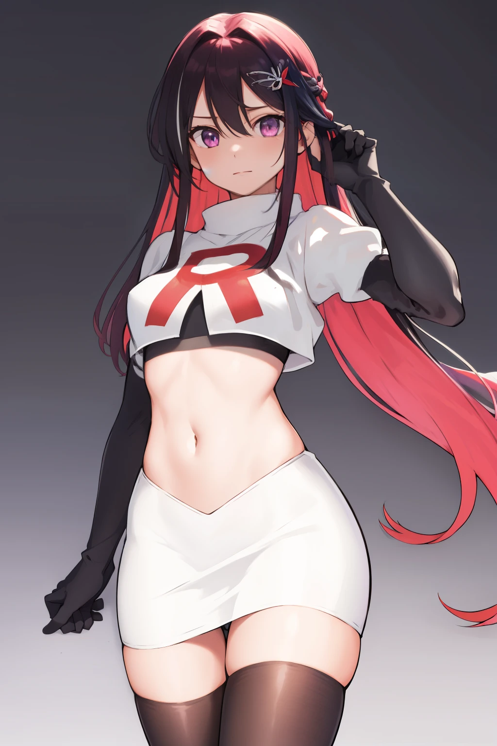 masterpiece, best quality, highres, 1girl, solo, multicolored hair, pink hair, purple eyes, black hair, colored inner hair, hair between eyes, two-tone hair, jewelry, x hair ornament, bangs, very long hair, streaked hair, hairclip, cowboy shot, team rocket,team rocket uniform,white skirt,red letter R,crop top,black thigh-highs,black elbow gloves