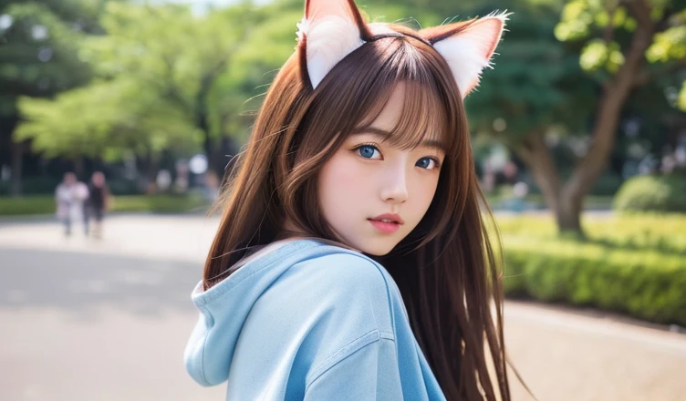 8k、highest quality、Like a real photo、masterpiece、Product quality, One girl,, Young and beautiful woman in Japan, Long Bob Hair, Attractive appearance,, High resolution, High detail, Detailed hairstyle, Detailed face, Spectacular movie lighting, Octane Rendering, Vibrant, Ultra-realistic, Perfect limbs, Perfect Anatomy、、Cat ears on the head、Her hair is light brown.、Cool clothes、The background is a park with blue sky、A human being who is a combination of a cat and a girl、Natural color lip、Attractive eyes、The color of the cat's ears is dark brown.、Eye color is blue、The ears are hidden by the hair、Double teeth、Yawning