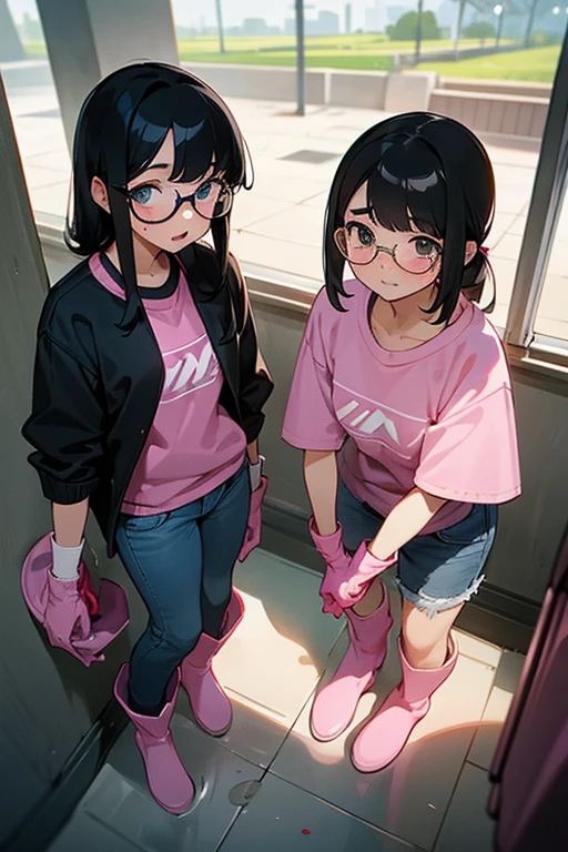 Two elementary school girls with glasses and black hair in jeans skirts and sweatshirts cleaning the toilets in a park wearing large pink rubber gloves and white rubber boots