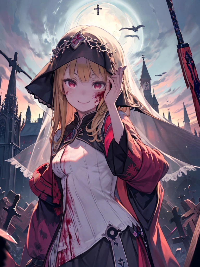 masterpiece、highest quality、High resolution、Very detailed、Girl、Small breasts、Nunonastic Clothes、Boneyard、blonde、Red Eyes、Veil、Wicked Smile、laughing、outside、church、night、moon、((Holding a knife with blood on it、bloody face、Bloodstained clothing))、Cross Necklace、exorcist、Zombie hordes、
