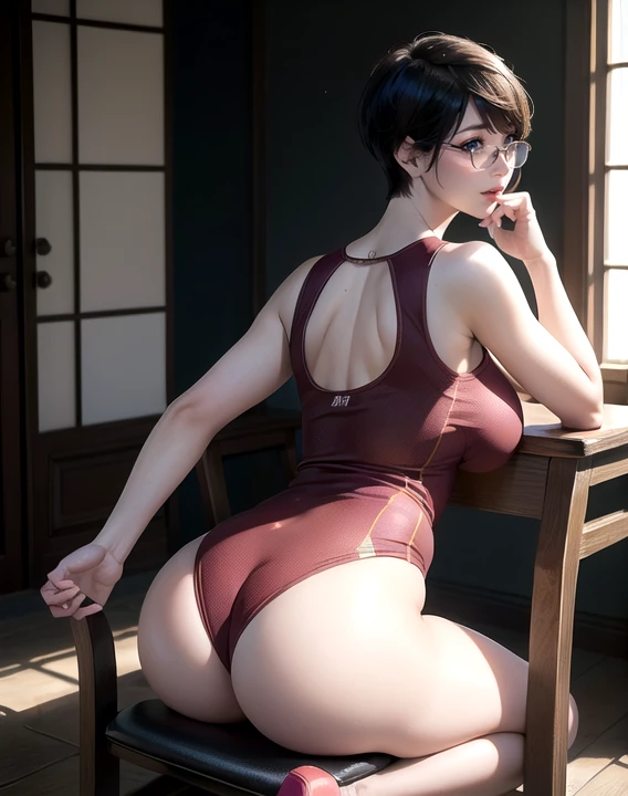 20 year old Japanese woman,(非常にdetailedな肌),Curvy,,Beautiful big ,(Very large breasts),Pale skin,Pointed Chest,Erect nipples,(Fantasy art,Best image quality,Hyperrealist portrait,(8k),Ultra-realistic,最high quality, high quality, High resolution, high quality texture,Attention to detail,Beautiful details,detailed,Extremely detailed CG,detailed Texture,Realistic facial expressions,masterpiece,in front,dynamic,bold),(((Rimless Glasses)))(((short pixie cut))),(Very thin hair),(Very soft hair),(Super Straight Hair:1.5),length, sleek bangs,Very light coppery amber hair,Hair in one eye、(((Wear running clothes)))　(((Sit astride a chair with a backrest)))　(((Sit with your chest against the backrest)))　(((Rear View)))　(((Photo from behind)))　(((I&#39;m not wearing anything under my running shorts)))(((Pants are wet and sheer)))　(((彼女はAccentuate your buttために背中を反らせている)))　(((The lines of the body are clearly visible)))、(((Depiction of beautiful fingers)))　(((Beautiful body depiction)))　(((Sit with your legs apart)))、(((Accentuate your butt)))、(((Full body photo)))、(((Low angle photo)))、(((Correct ankle orientation)))(((The correct number of legs)))　