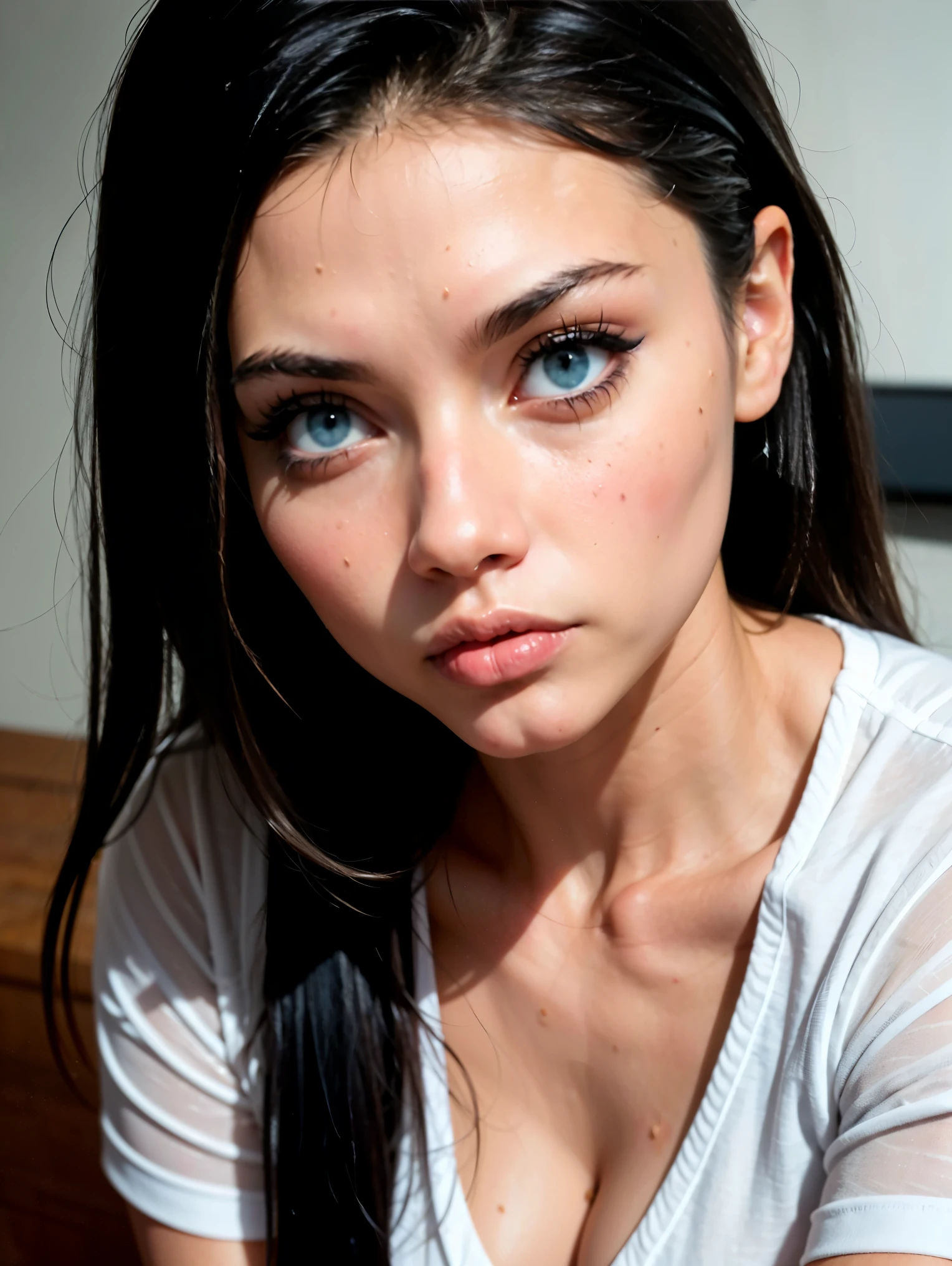 25 year old woman, blue eyes, extremely beautiful, masterpiece, long black hair, (((surprised face))), ((perfect expression blue eyes)), long hairstyle, bangs, polka dots, large-breasted, staring at camera, eos 5D mark iv with 50mm, ultra highres photography, 8k wallpaper, soft rim light, ((masterpiece, photorealistic, best quality, hyperdetailed:1.2)), pulling shirt, deep cleavage, busty,