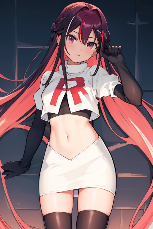 masterpiece, best quality, highres, 1girl, solo, multicolored hair, pink hair, purple eyes, black hair, colored inner hair, hair between eyes, two-tone hair, jewelry, x hair ornament, bangs, very long hair, streaked hair, hairclip, cowboy shot, team rocket,team rocket uniform,white skirt,red letter R,crop top,black thigh-highs,black elbow gloves