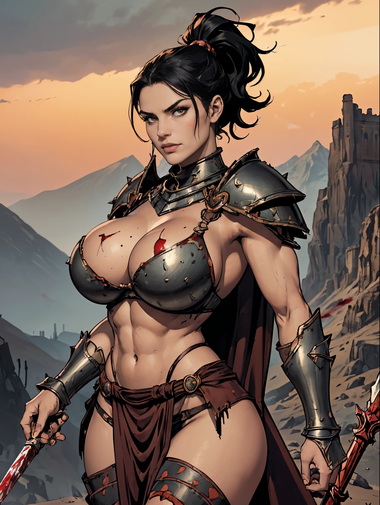 (masterpiece, top quality, best quality, official art, beautiful and aesthetic:1.2), (1girl:1.3), ((Sharp facial features, sharp features, hawkish features)), ((pale skin, orange eyes, big hair, long black hair, ponytail)), big tiddy chaos warrior girl, extremely detailed, portrait, looking at viewer, solo, (full body:0.6), detailed background, full-body shot, (hot desert mountain theme:1.1), chaos warrior, (spiky helmet), charlatan, smirk, mysterious, swaying in mountains, armor, red metal, brass trim, long boots, blood red fabric, pelvic curtain, loincloth, black leather, ((((spear, heavy armor, blood, blood splatter, armored, gigantic breasts, long legs, pelvic curtain, toned, muscular)))), cute belly button, toned tummy, slim waist, slim hips, long legs, medieval (mountain exterior:1.1) background, dark mysterious lighting, shadows, magical atmosphere, dutch angle