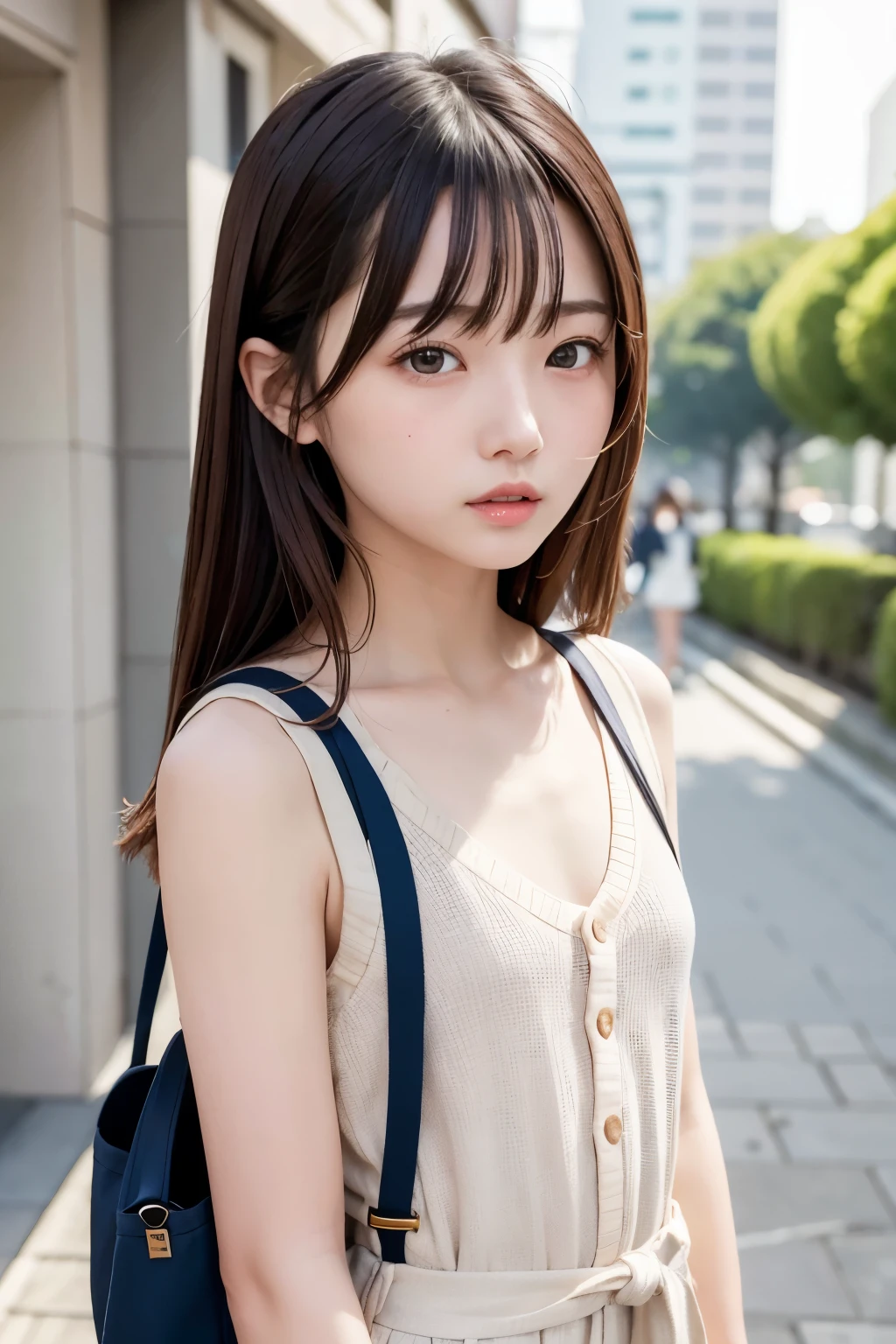 日本人の一人のgirl、（Beauty、繊細なgirl：1.3）、（20-year-old：1.3）、break、（Upper body from the waist up、suspenders：1.3）、break、Very fine grain definition、（Symmetrical eyes：1.3）、break、（Street view：1.3）、break、Small breasts、Brown eyes、Parted bangs、Brown Hair、girl、break、（Eye and facial details：1.0）、break、（masterpiece、highest quality、Super detailed、Detailed face、8k）