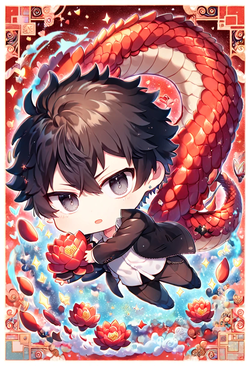 absurdres, highres, ultra detailed, HDR, master piece, best quality, Kougami Shinya chibi, black hair, expressive gray eyes, psycho pass, solo, cute, hugging a red dragon, black jacket, white shirt, patterns, magical, fantasy, red background, red lotus, shining, red petals, red glittering butterflies