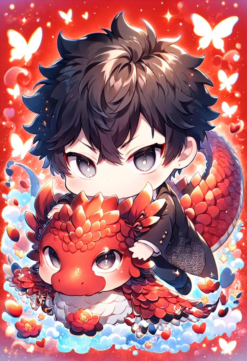 absurdres, highres, ultra detailed, HDR, master piece, best quality, Kougami Shinya chibi, black hair, expressive gray eyes, psycho pass, solo, cute, hugging a red dragon, black jacket, white shirt, patterns, magical, fantasy, red background, red lotus, shining, red petals, red glittering butterflies
