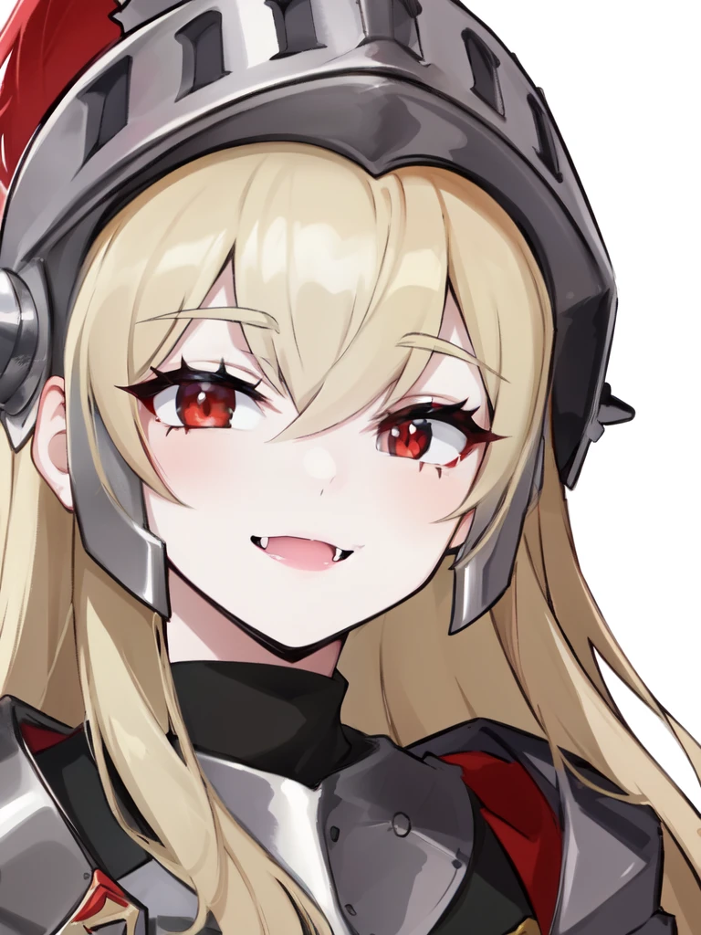 lineart, 1girl, female_knight_(guardian_tales), platinum blonde hair, red eyes, long hair, knight helmet, light smile, black dress, casual clothes, pale skin, vampire, fangs, close-up, winking 