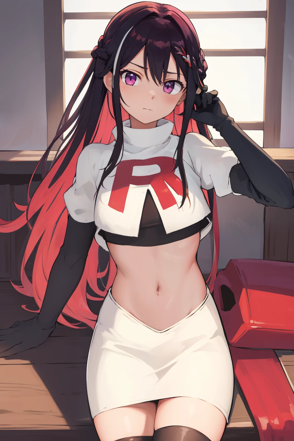 masterpiece, best quality, highres, 1girl, solo, multicolored hair, pink hair, purple eyes, black hair, colored inner hair, hair between eyes, two-tone hair, jewelry, x hair ornament, bangs, very long hair, streaked hair, hairclip, cowboy shot, team rocket,team rocket uniform,white skirt,red letter R,crop top,black thigh-highs,black elbow gloves