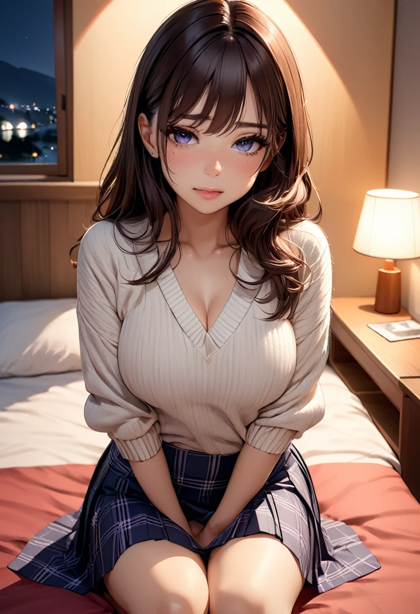 (((masterpiece))),(((High resolution)))、(((8k)))、(((Perfect Face)))、(((The Beauty of Japan)))、30 years old、(((Beautiful Face))), (((knit))), (((skirt))), Embarrassed look, Looking at the camera, Top quality eyes, Detailed Texture, Looking at the camera, whole body, big , night, bed, thigh, knees, A little plump

