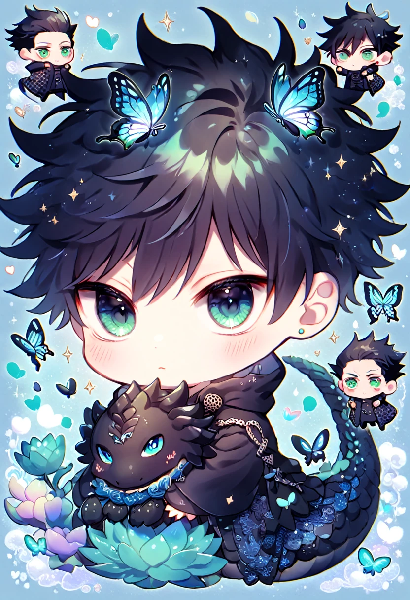 Ultra detailed, Highres, absurdres, HDR, Fushiguro Megumi chibi, black hair, expressive green eyes, black coat with patterns, Jujutsu Kaisen, black clothes, fantasy, glittering blue butterflies, petals, handsome, man, very detailed eyes and face, master piece, glittering, blue lotus, blue background, hugging a black dragon, cute, love, magical,