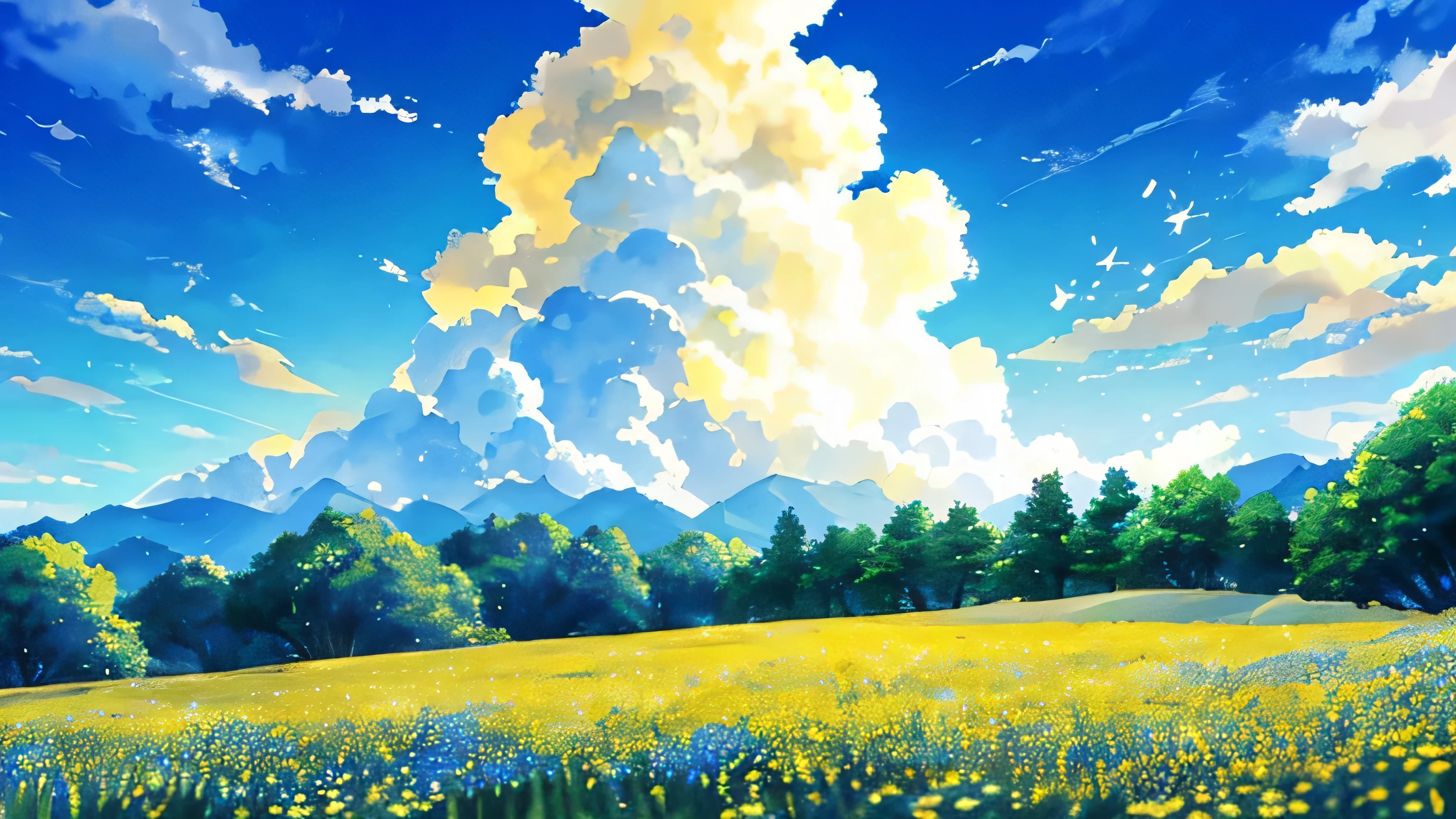 Anime-like scenery，5，Small yellowish wildflowers，blue-sky，White Cloud Meadow、suns