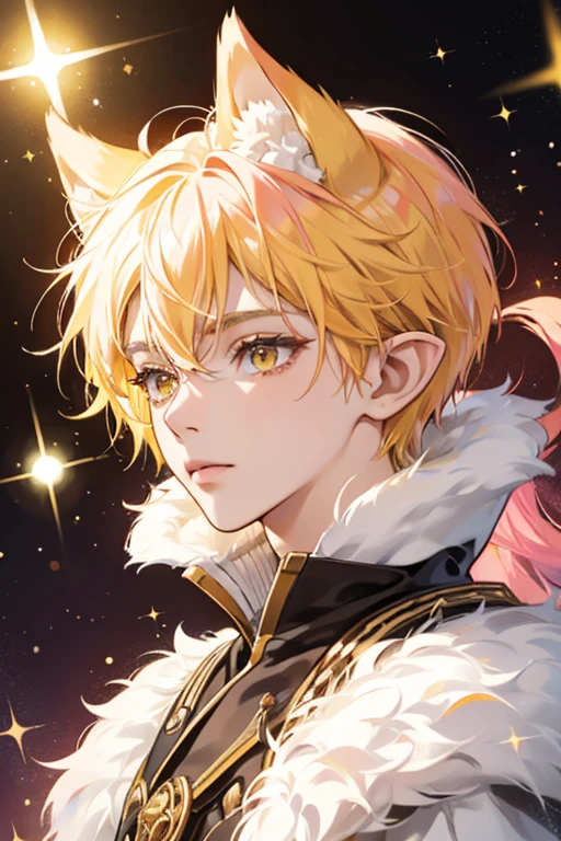 Risu has rust-colored fur, yellow hair tuft, pointy ears, a white face, black oval eyes, and a yellow oval nose, light yellow fur and a pink hair tuft. SPARKLE; GLITTER
