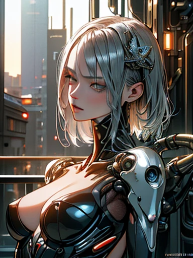 Top Quality, Masterpiece, Ultra High Resolution, ((Photorealistic: 1.4), Raw Photo, 1 cyberpunk Girl, Glossy Skin, 1 Mechanical Girl, (Ultra Realistic Details)), mechanical limbs, tubes connected to the mechanical parts, mechanical vertebrae attached to the spine, mechanical cervical attachment to the neck, wires and cables connecting to the head, Evangelion, Ghost in the Shell, small glowing LED lamps, global lighting, deep shadows, Octane Rendering, 8K, Ultra Sharp, Metal, Intricate Ornament Details, baroque details, Very intricate details, realistic light, CGSoation trend, facing the camera, neon details, (android manufactory in background), art by H.R. Giger and Alphonse Mucha.