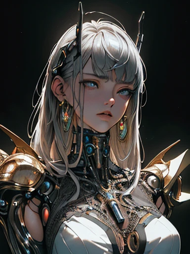 Top Quality, Masterpiece, Ultra High Resolution, ((Photorealistic: 1.4), Raw Photo, 1 cyberpunk Girl, Glossy Skin, 1 Mechanical Girl, (Ultra Realistic Details)), mechanical limbs, tubes connected to the mechanical parts, mechanical vertebrae attached to the spine, mechanical cervical attachment to the neck, wires and cables connecting to the head, Evangelion, Ghost in the Shell, small glowing LED lamps, global lighting, deep shadows, Octane Rendering, 8K, Ultra Sharp, Metal, Intricate Ornament Details, baroque details, Very intricate details, realistic light, CGSoation trend, facing the camera, neon details, (android manufactory in background), art by H.R. Giger and Alphonse Mucha.