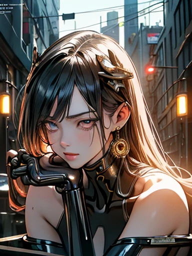 Top Quality, Masterpiece, Ultra High Resolution, ((Photorealistic: 1.4), Raw Photo, 1 cyberpunk Girl, Glossy Skin, 1 Mechanical Girl, (Ultra Realistic Details)), mechanical limbs, tubes connected to the mechanical parts, mechanical vertebrae attached to the spine, mechanical cervical attachment to the neck, wires and cables connecting to the head, Evangelion, Ghost in the Shell, small glowing LED lamps, global lighting, deep shadows, Octane Rendering, 8K, Ultra Sharp, Metal, Intricate Ornament Details, baroque details, Very intricate details, realistic light, CGSoation trend, facing the camera, neon details, (android manufactory in background), art by H.R. Giger and Alphonse Mucha.