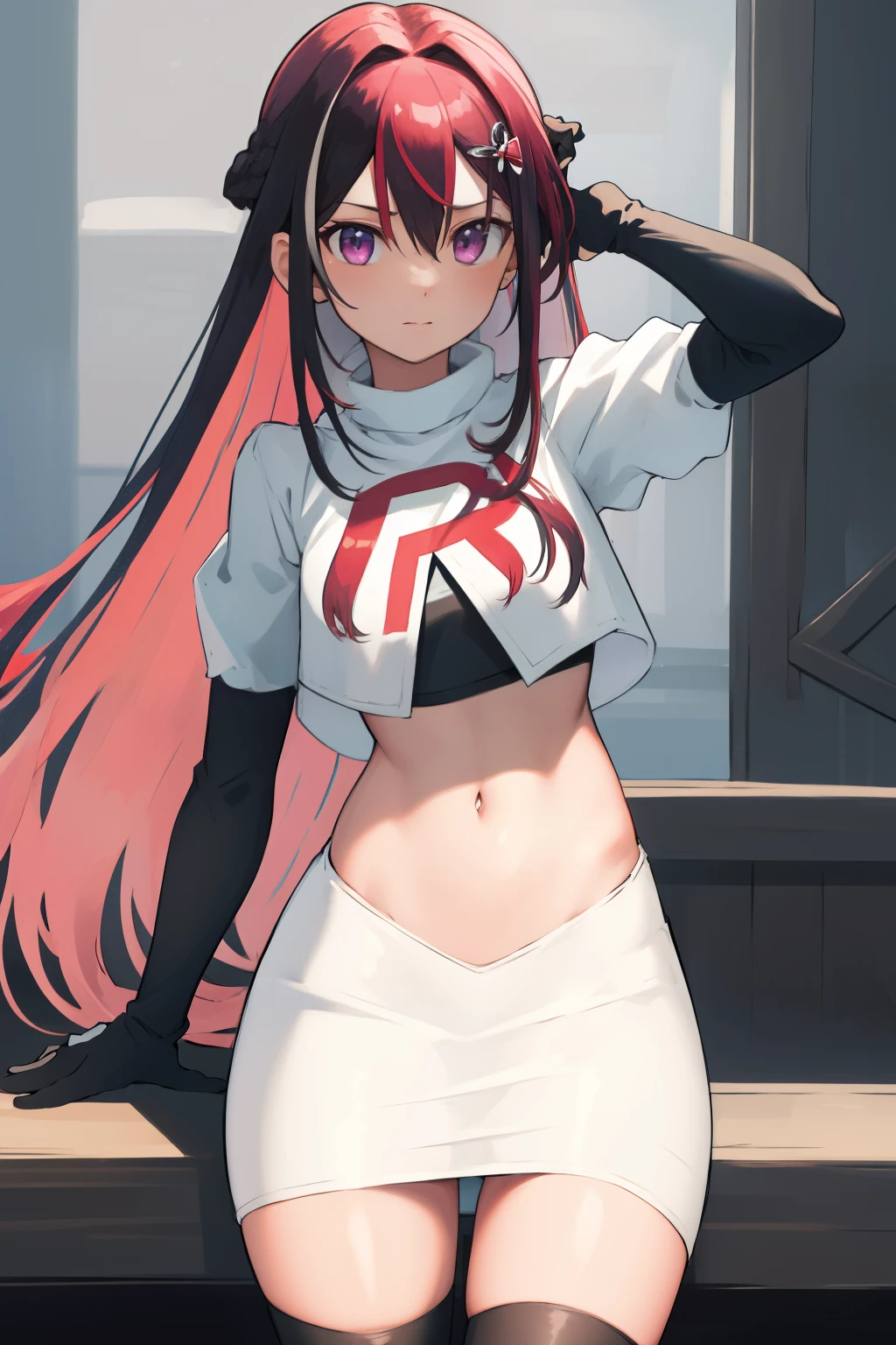masterpiece, best quality, highres, 1girl, solo, multicolored hair, pink hair, purple eyes, black hair, colored inner hair, hair between eyes, two-tone hair, jewelry, x hair ornament, bangs, very long hair, streaked hair, hairclip, cowboy shot, team rocket,team rocket uniform,white skirt,red letter R,crop top,black thigh-highs,black elbow gloves