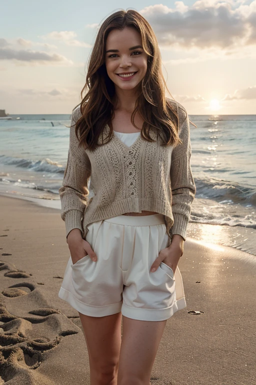 Danielle Panabaker in evening weather on the beach dressed in light warm colored clothing smiling