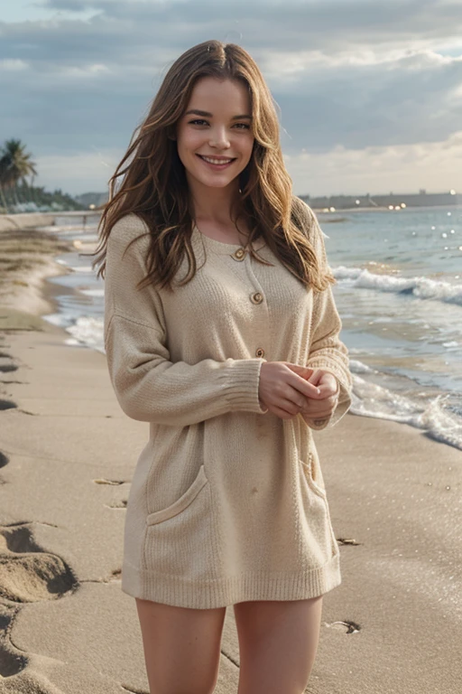 Danielle Panabaker in evening weather on the beach dressed in light warm colored clothing smiling