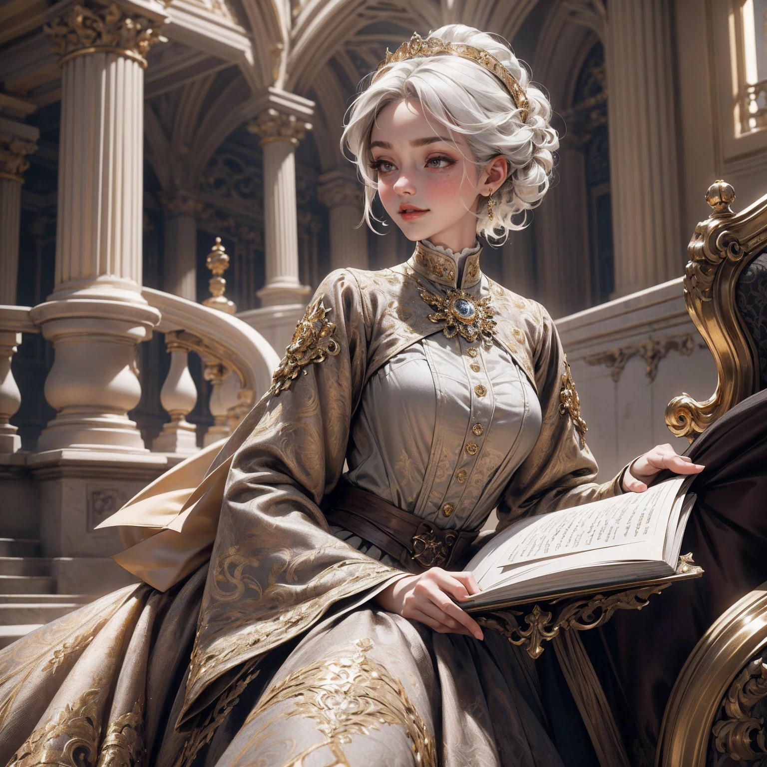 { - anatomy error}(Masterpiece - Ultra-detailed, very high resolution) Prepare to be enchanted by a true masterpiece that combines ultra-detailed art with high-resolution rendering. This work depicts a mesmerizing woman with short white hair (1.3) and captivating gray eyes (1.2), emanating an aura of elegance and mystery in Victorian settings. The intricate details and realistic textures invite you to explore every aspect of this enchanting composition. Woman wearing beautiful classic Victorian costume from the year 1878. Red lips. Happy face. Smiling. light brown (gold) dress. Walking, writing, lying down, standing, on your back, dynamic poses., upper body. dynamic poses. Get ready to dive into a world where beauty and craftsmanship merge perfectly.